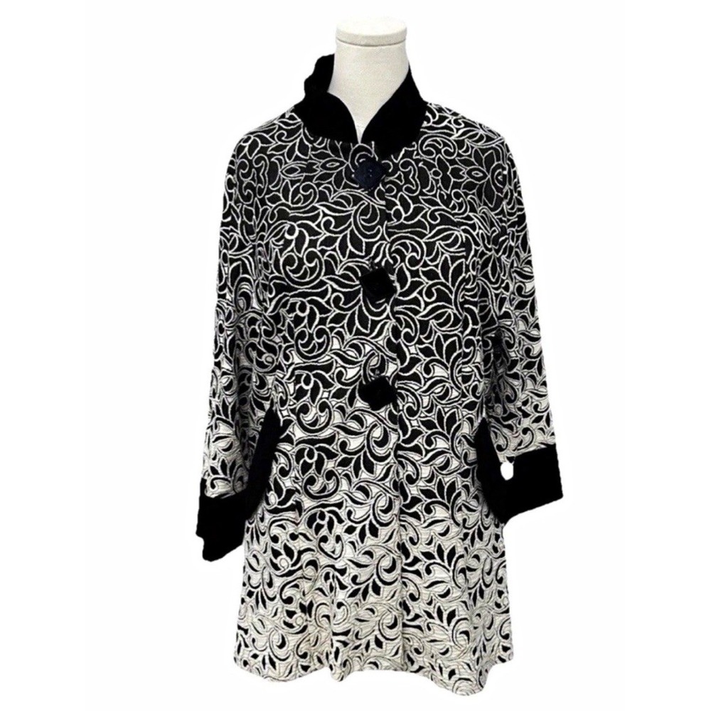 NWT Black White Ombré Floral Foliage Collared Button Front Pocket Jacket 3/4 2XL